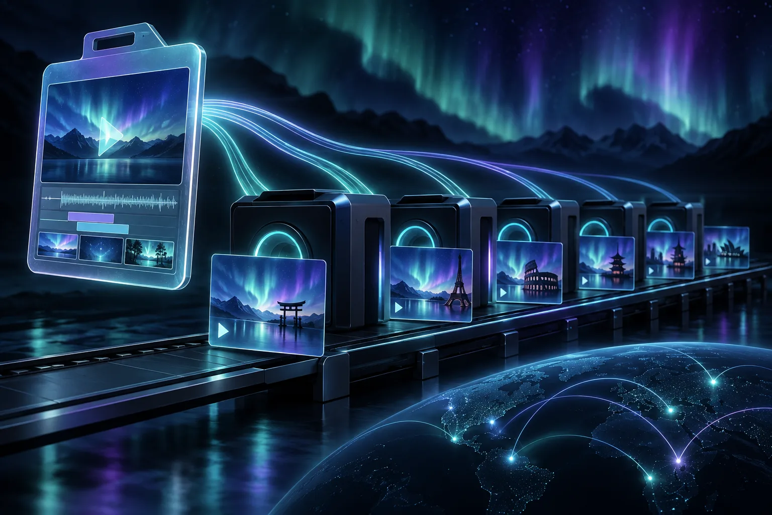 Aurora illustration of localized video blueprints becoming an orderly render queue