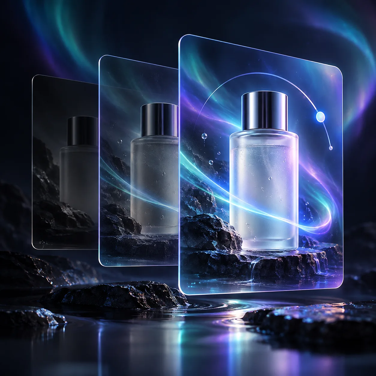Translucent layers around a product bottle representing non-destructive image adjustments