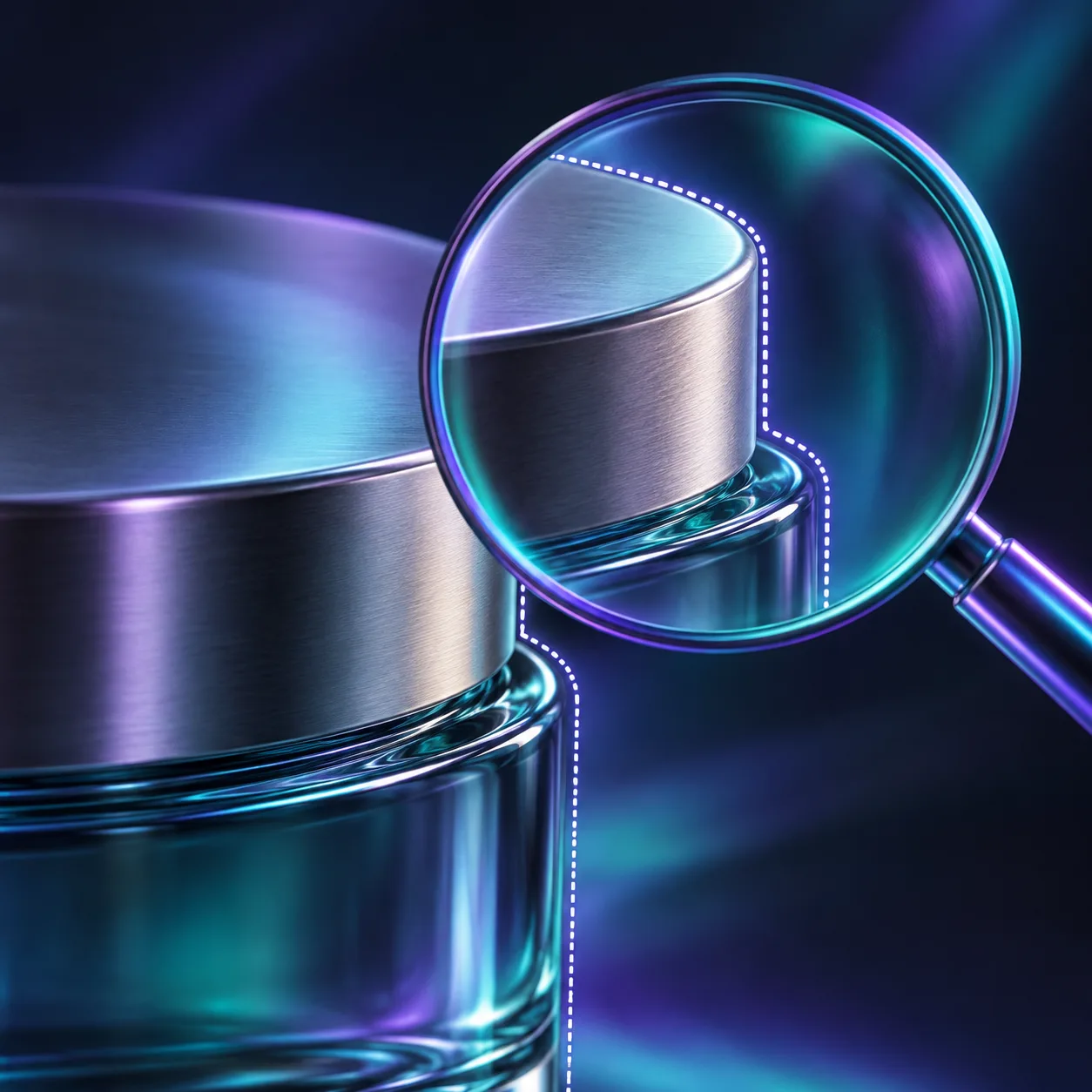 Magnifier examining a precise selection edge on an unbranded product container