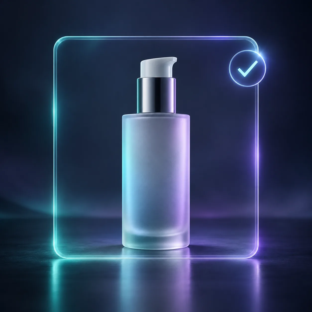Product bottle in a glowing review frame representing the final export check