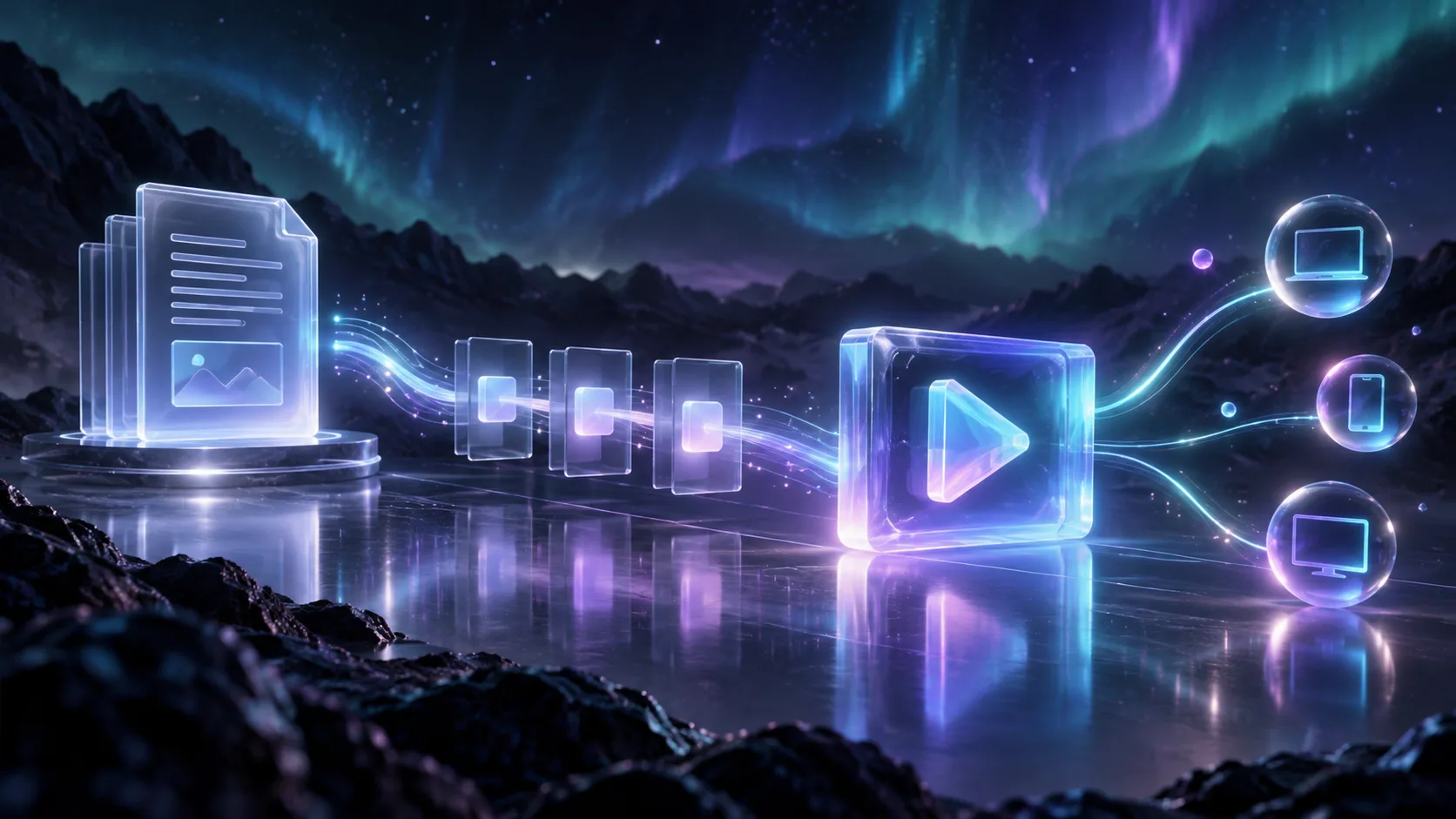Rendered video flowing from a preserved source document to delivery channels
