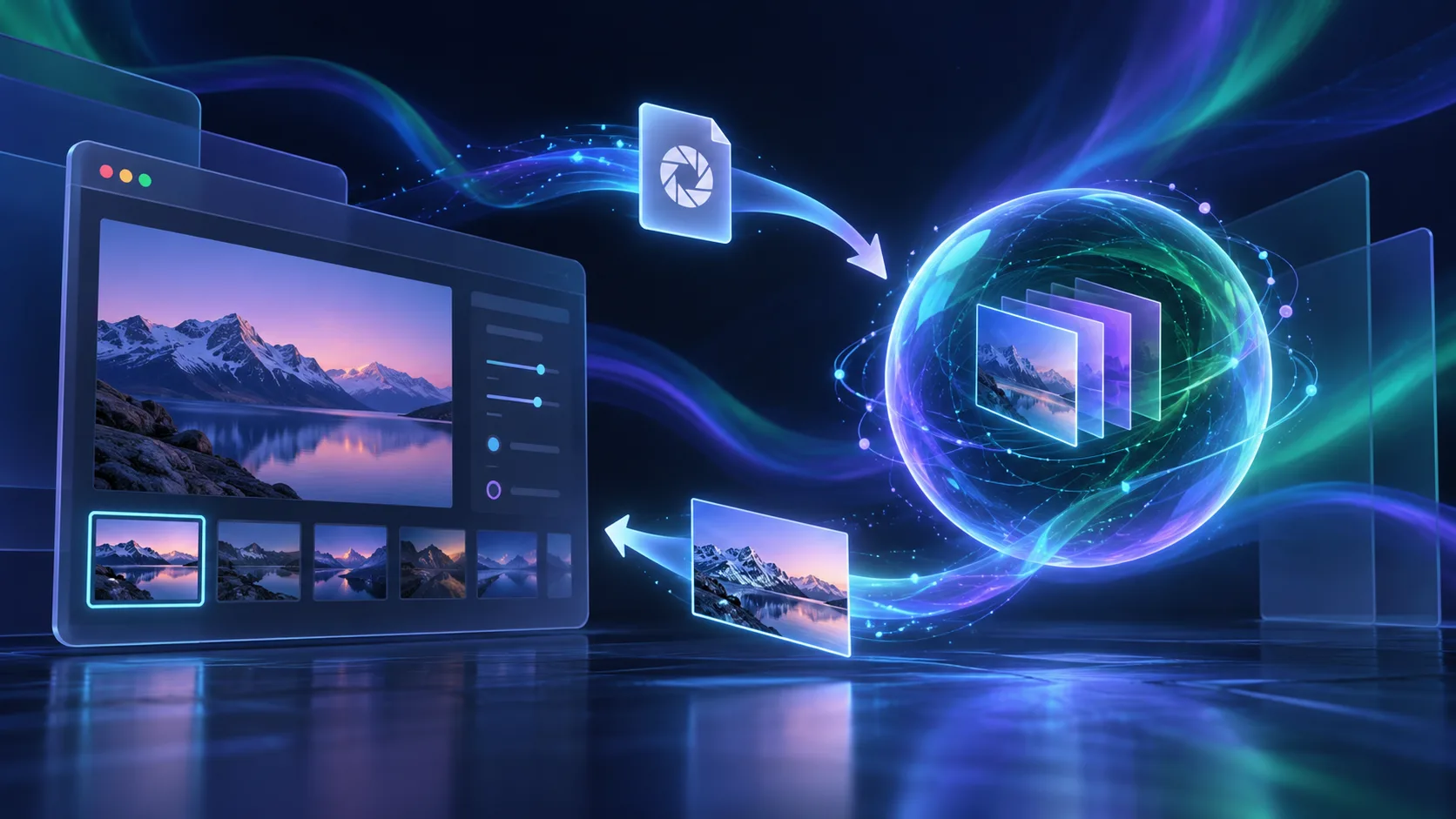 Aurora illustration of a camera file handed from a browser interface to a background worker