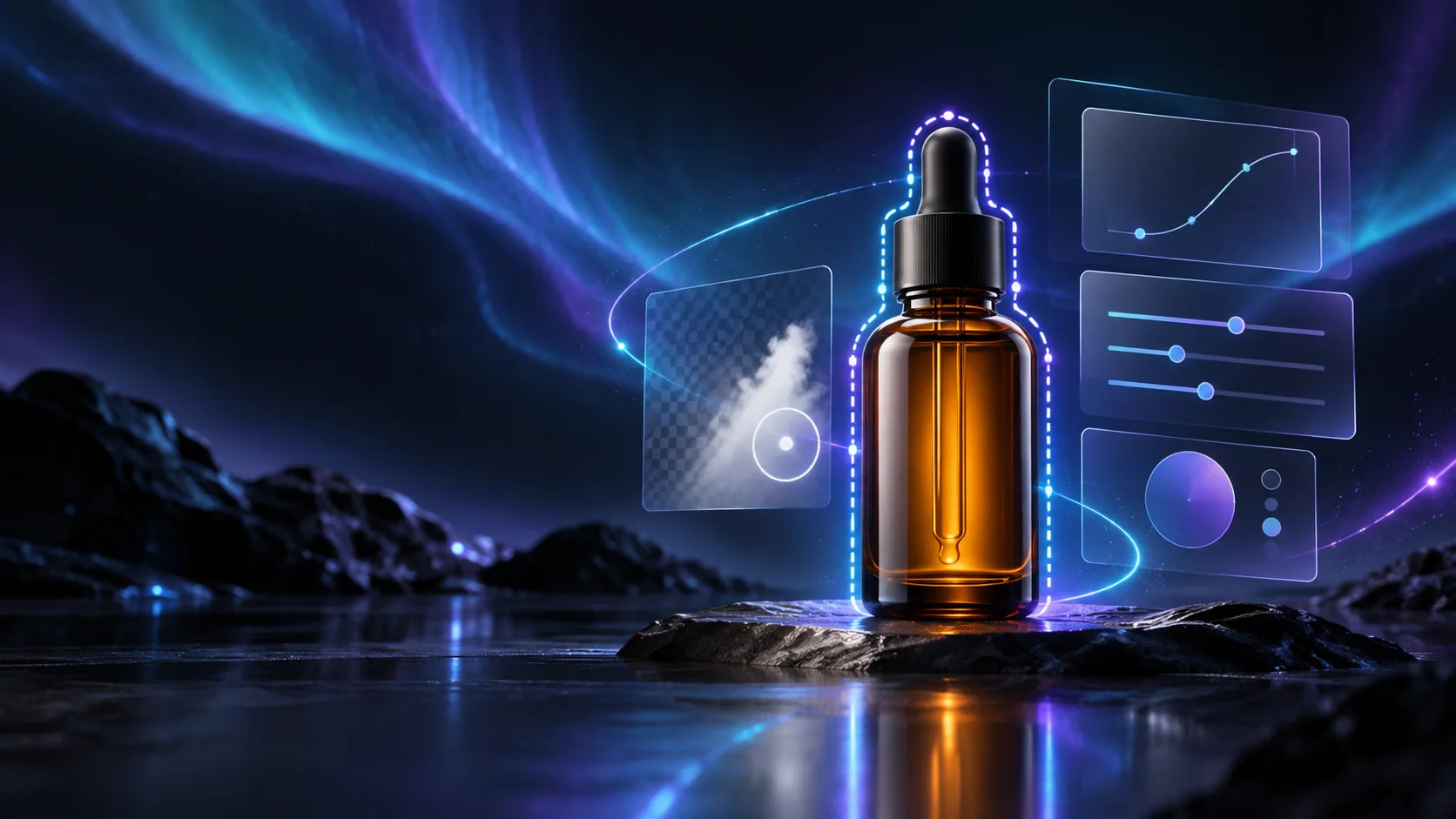 An amber product bottle with a glowing selection outline in a dark aurora workspace