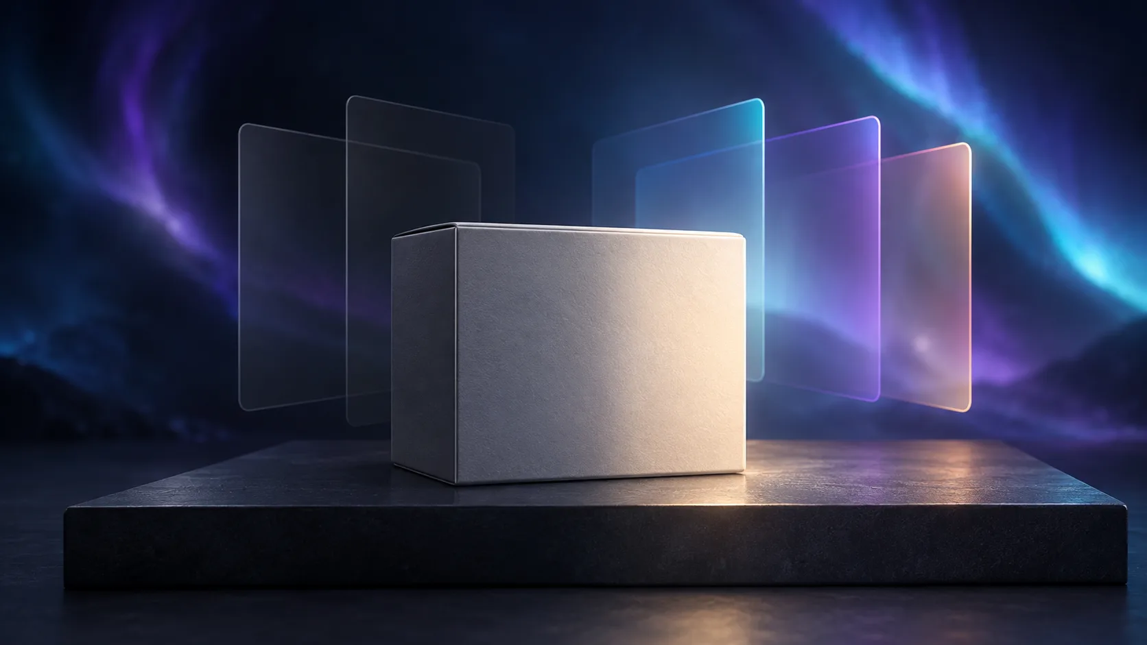 A neutral product box with gentle relighting adjustment layers