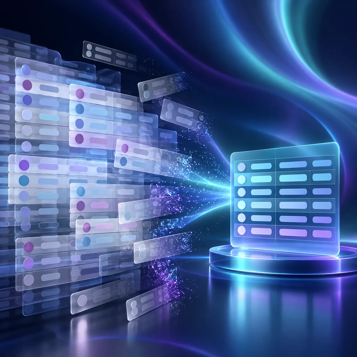 Messy data rows becoming a concise approved dataset